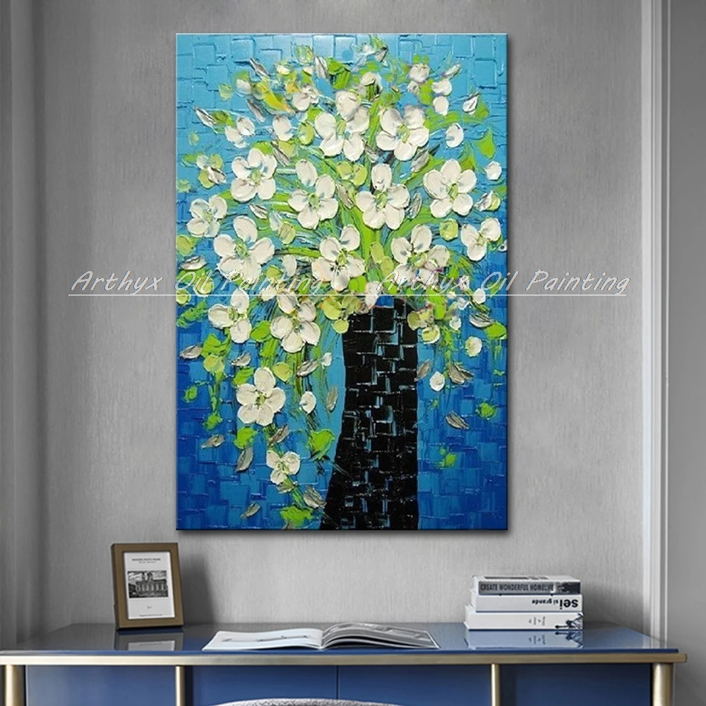 Arthyx Handpainted Palette Knife White Orchid Flower Oil Painting On Canvas Modern Abstract Wall Art Picture For Room Home Decor | Дом и сад