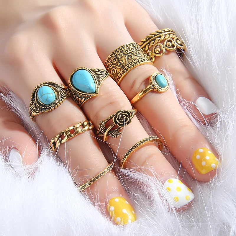 10 шт. набор свадебных колец в стиле бохо для женщин натуральный камень цветок