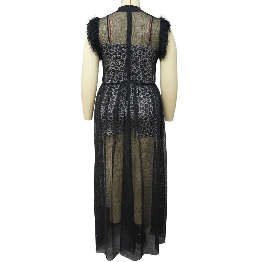 

2021 New Women's Dress Temperament Perspective Sexy Mesh Dress Large Size Dress Fashion High Waist Leopard