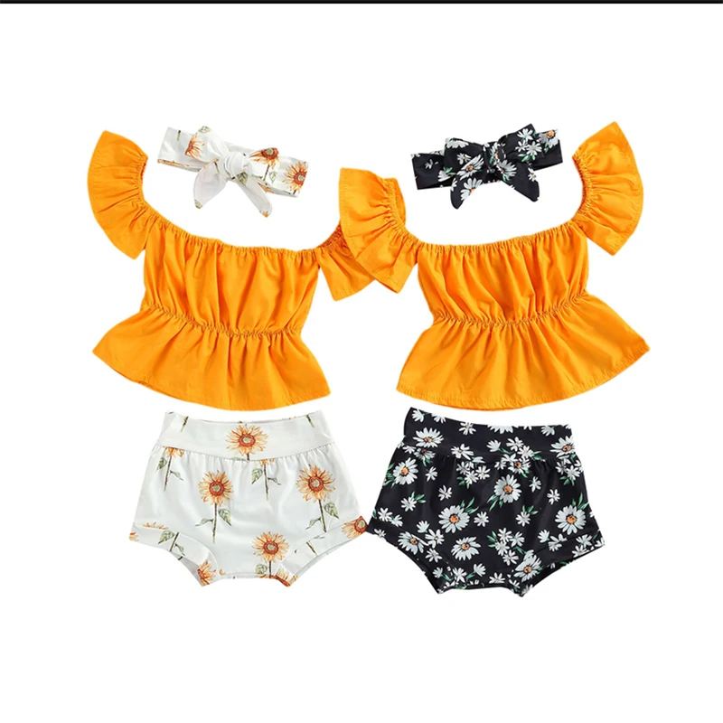 

2021-03-25 Lioraitiin 0-18 M Summer Baby Girls Clothes Sets 3Pcs Off Shoulder Short Sleeve T-Shirts+Flower Print Shorts+Headband