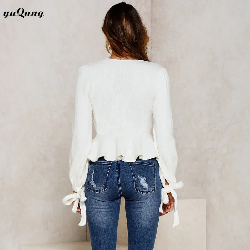 Yuqung/женские рубашки с длинным рукавом и глубоким v-образным вырезом трикотажный