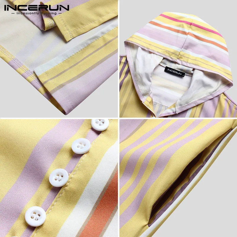 

2021 Fashion Striped Hooded Nightgown INCERUN Men Sleep Robes Man 3/4 Sleeve Hem Splitting Sleepwear Cozy Pocket Homewear S-5XL