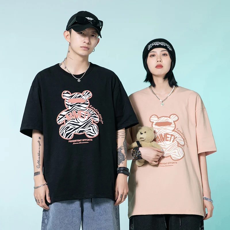 

Japanese Fashion Short Sleeve T-shirt For Men In Summer 2021 New Zebra Bear Foamed Cotton top, Couples Wear, Street Hip-hop Wear