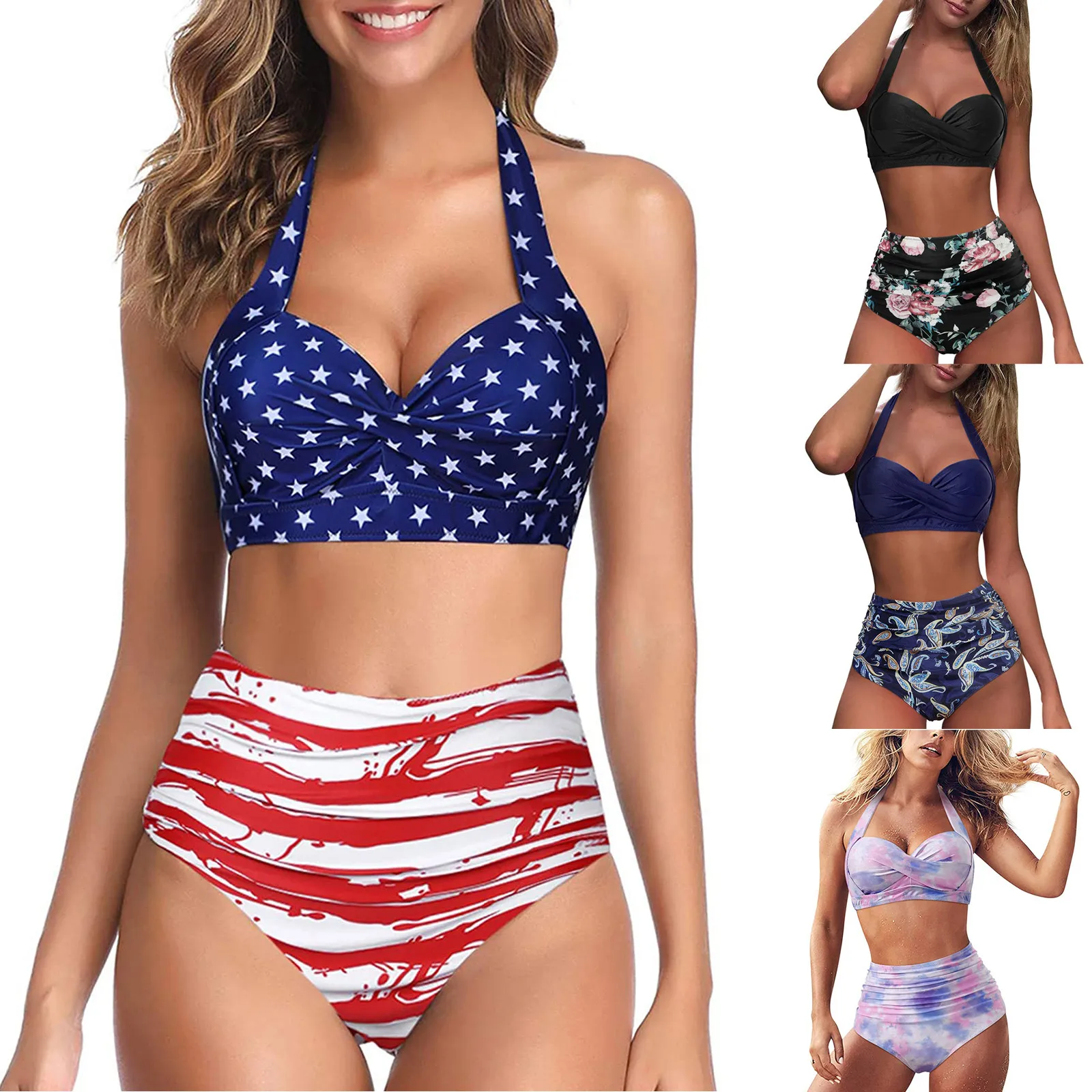 

Summer Women Vintage Swimsuit Two Piece Bikini Sets Retro Halter Ruched High Waist Print Bikini Set Bathing Suits New L*5