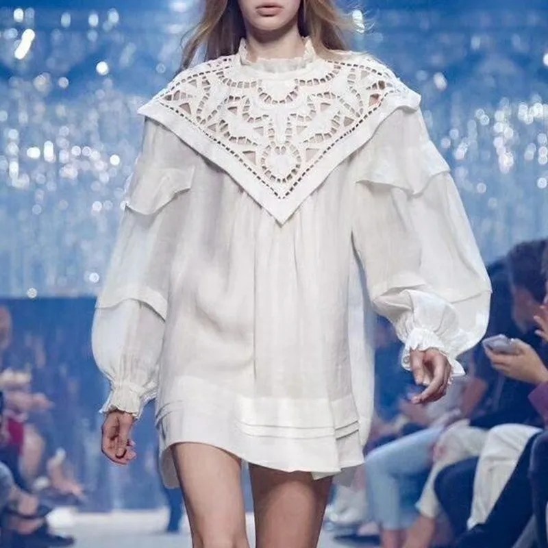 Женское ажурное платье с высокой талией и круглым вырезом свободное