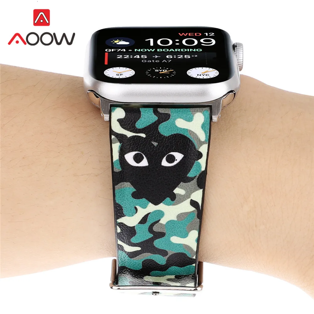 Кожаный ремешок для часов с камуфляжной печатью для Apple Watch, 40 мм, 44 мм, 38 мм, 42 мм, браслет с сердечками для мужчин и женщин, ремешок для iWatch 1, 2, 3, 4