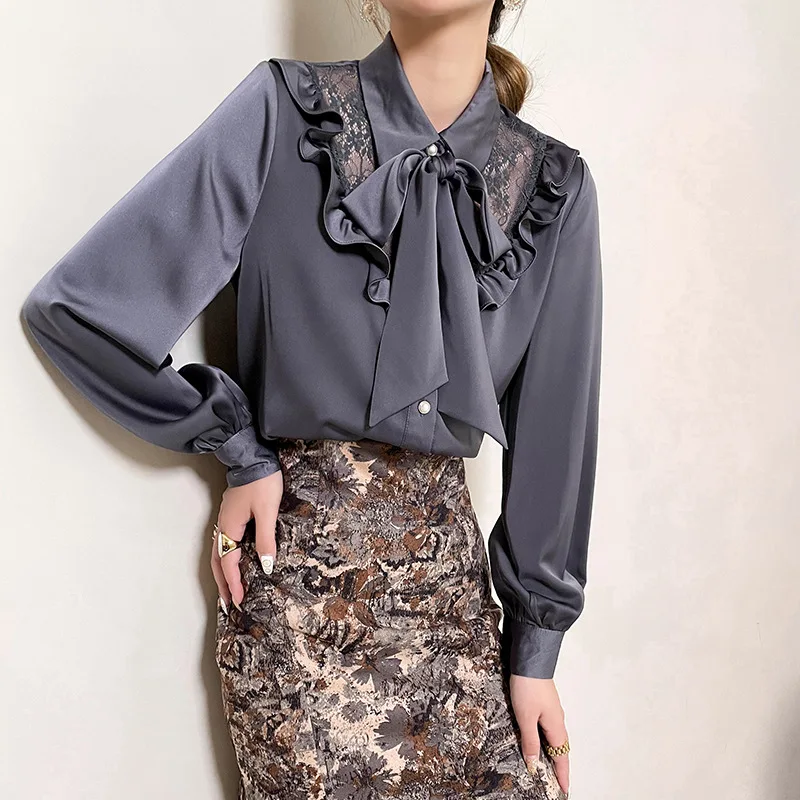 

Women Shirts Blouses Solid Color French Shirt 2021 New Korean Fashion Autumn Lace Patchwork Shirt Long Sleeve Shirt Women