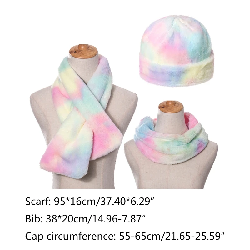 

3 Pcs Women Colorful Tie Dye Print Beanie Hat with Scarf Thicken Fuzzy Plush Outdoor Windproof Ski Cuffed Skull Cap Neck Warmer