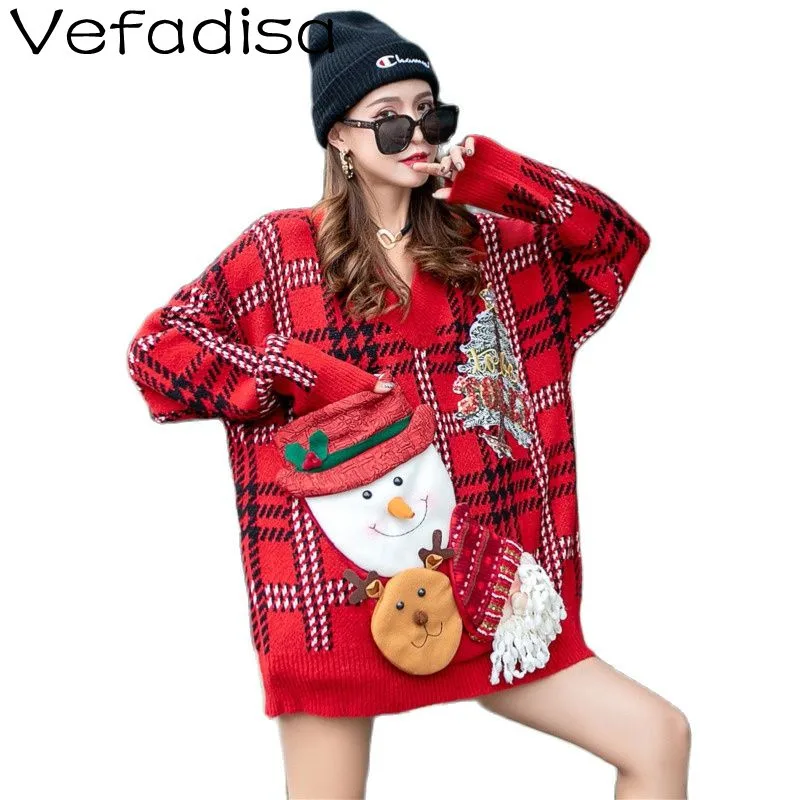

Vefadisa Christmas Doll Decoration Cartoon Plaid Print Red Pullover Sweater Autumn And Winter Loose V-neck Knitted Sweater TT611