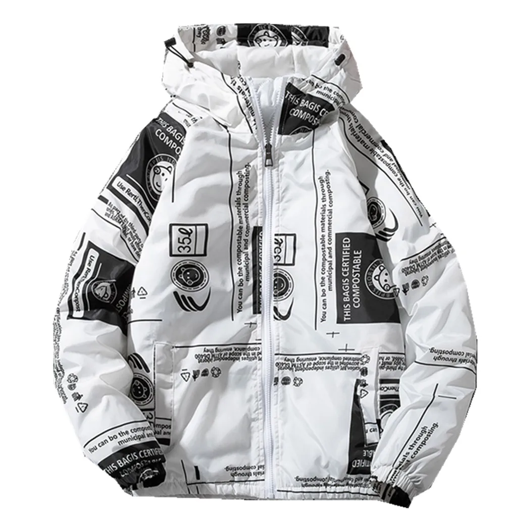 

Мужская Уличная теплая куртка, свободная ветрозащитная куртка на молнии, повседневная куртка с капюшоном и модным принтом