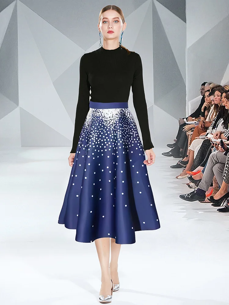 Женский дизайнерский элегантный костюм с юбкой черный вязаный свитер длинным