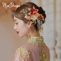 niushuya traditional chinese hairpin red clear flower hair combs wedding hair accessories hair stick headdress accessories