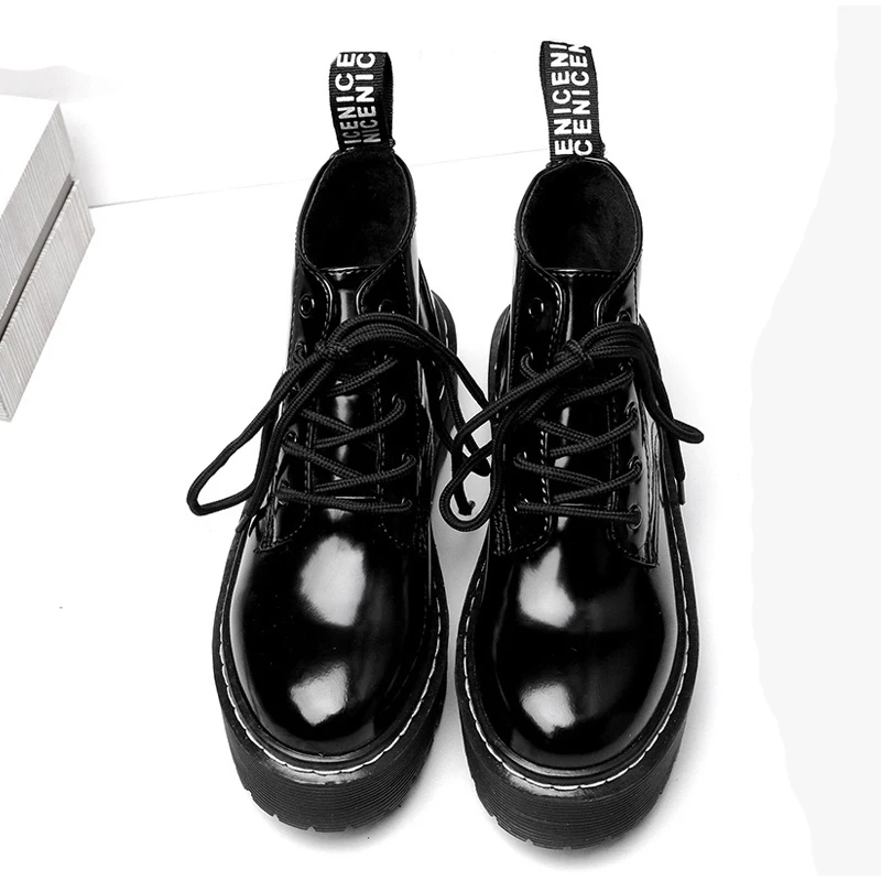 Women's Flat Platform Ankle Boots Autumn Patent Leather Boot Black Lace Up Creepers Shoes Fashion Party Footwear Drop Shipping