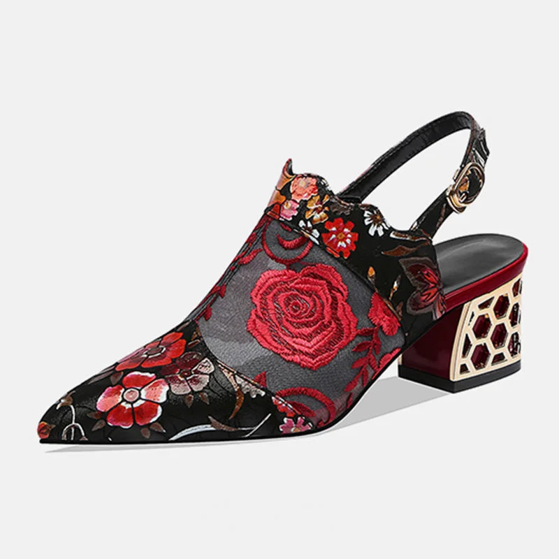 

2021 summer new National style sandals women's Style Sexy wear medium thick heel gauze mother's shoes embroidered fashion high