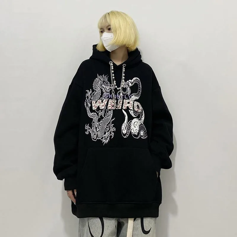 

Женская уличная Толстовка в стиле хип-хоп с принтом дракона плюс бархатный свитер с капюшоном нишевое дизайнерское ожерелье однотонный топ...