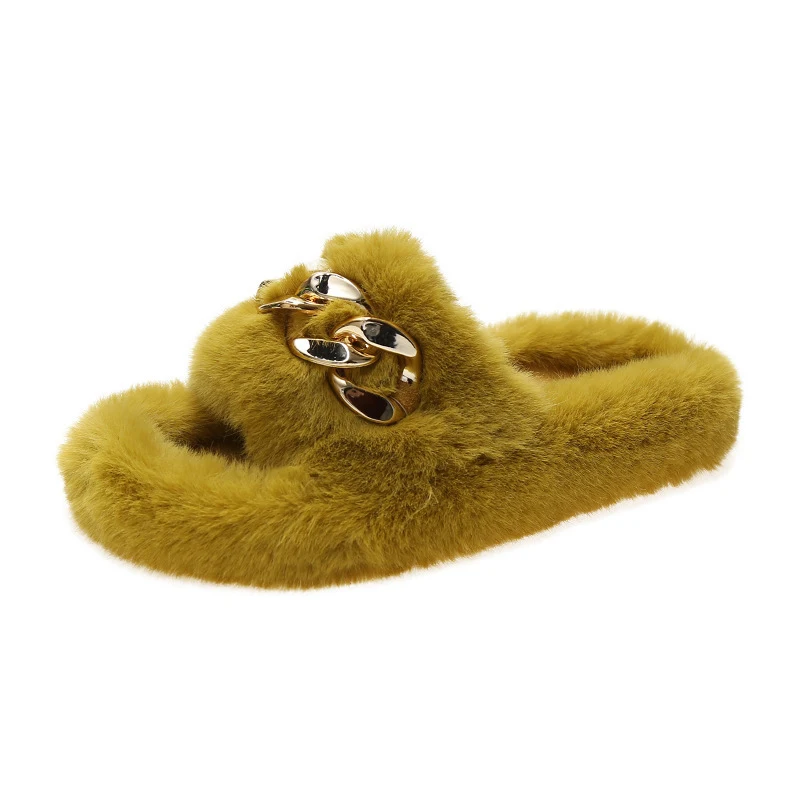 

2021 New Winter Woman's Furry Slippers Metal Chain Slip On Ladies Slides Short Plush Colorful Fur House Casual Shoes Female Cozy