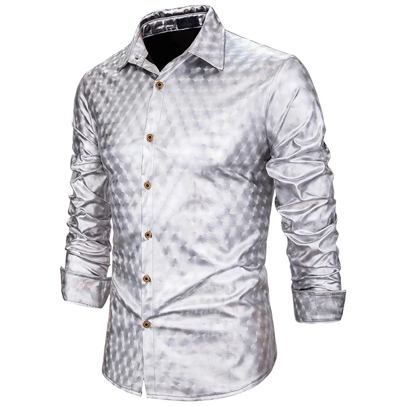 Рубашка мужская приталенная с длинным рукавом блестящая разноцветным узором
