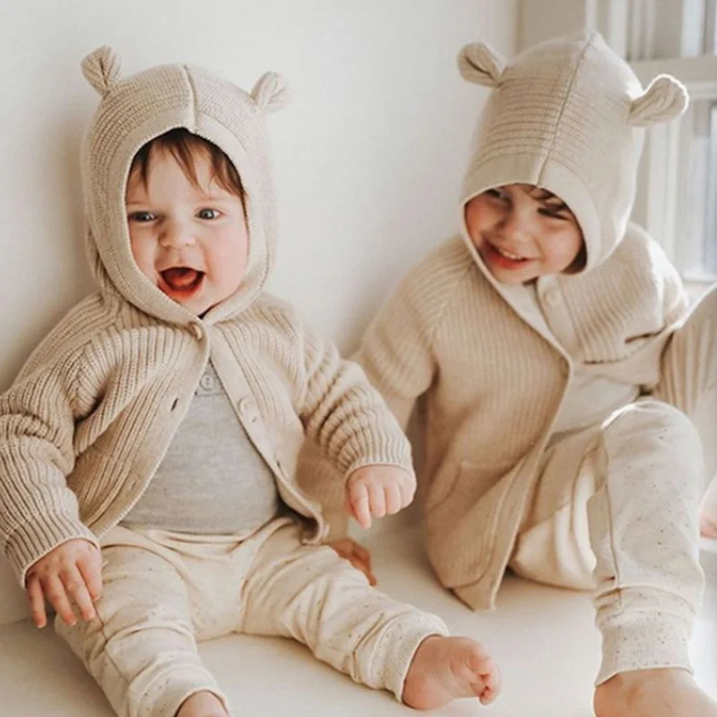 

Корейский стиль 2022, новинка, весенний свитер для детей, для мальчиков и девочек, однотонный пуловер, топ с капюшоном с медвежьими ушками, дет...