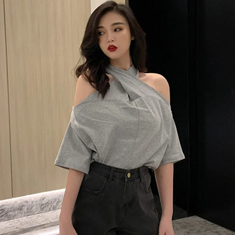 

Женская футболка с коротким рукавом, белая футболка без бретелек с перекрестным вырезом