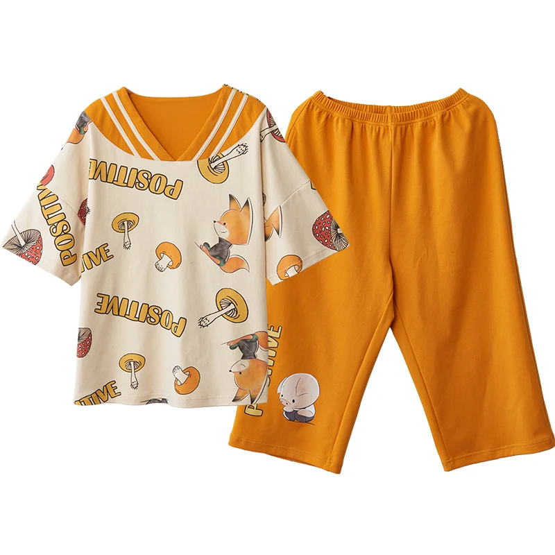 

Sexy V-Nevk Sleepwear Summer Pajamas Set Cotton Short Sleeve Women Pajamas Cute Cartoon Nightwear Oversized 4XL Women Homewear