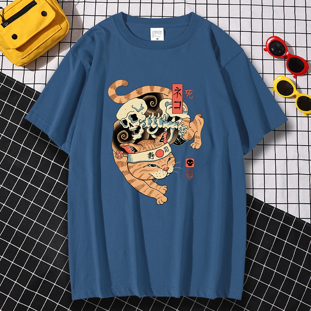

Футболка с принтом кота Ukiyo E в японском стиле, Мужская креативная простая уличная одежда, повседневная одежда, приталенная Мужская футболка