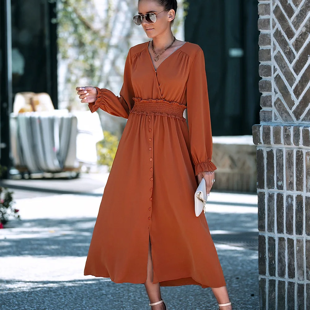 

Женские платья с V-образным вырезом, элегантные платья с длинным рукавом и разрезом, модное однотонное платье на пуговицах с высокой талией, ...