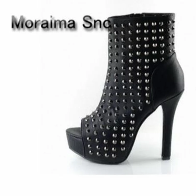 

Moraima Snc Rivets Studded Ankle Boots Peep Toe Silver Punk Style brand Sexy Thin Heels Leather High Heel Boots Newest Black