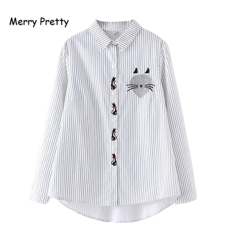 

XUANHAO Women's Cartoon Cat Embroidery Striped Blouses Girls Autumn Long Sleeve Turndown Collar White Shirts Blusas Mujer