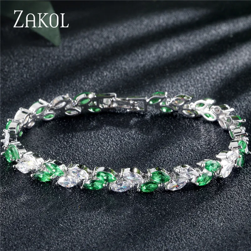 ZAKOL модные ювелирные изделия невесты белого цвета в виде листа, очаровательный браслет с кубическим цирконием и браслеты с прозрачными CZ кристаллами, браслеты для женщин FSBP061 - Окраска металла: Green