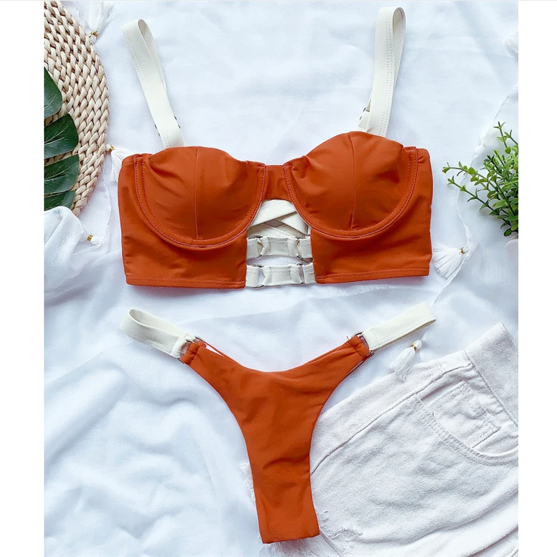 GNIM пикантные однотонные стринги бикини 2020 бандажный купальник Для женщин 2 штуки