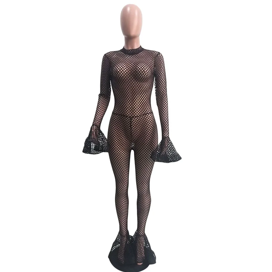Черный HAOYUAN Sexy Fishnet Sheer Rompers Womens Jumpsuit Long Sleeve Bodycon Overalls Festival Clothing Fall Club One Piece Jumpsuit - Цвет: Черный