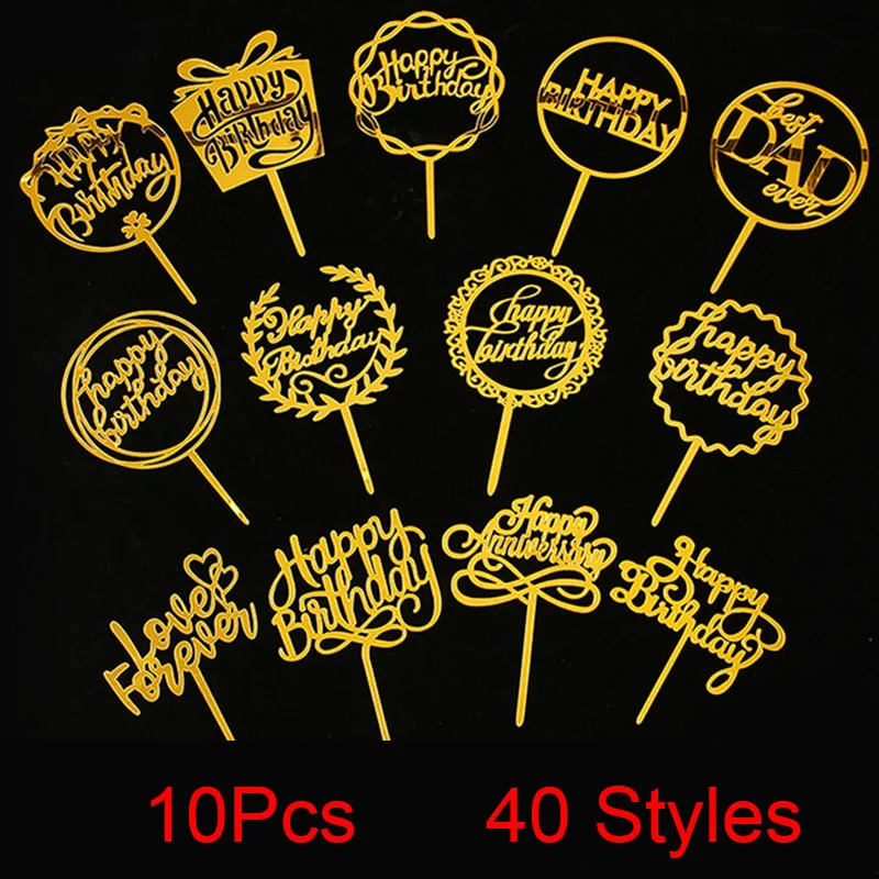 10 шт. зеркальные золотые черные розовые акриловые топперы для тортов счастливая