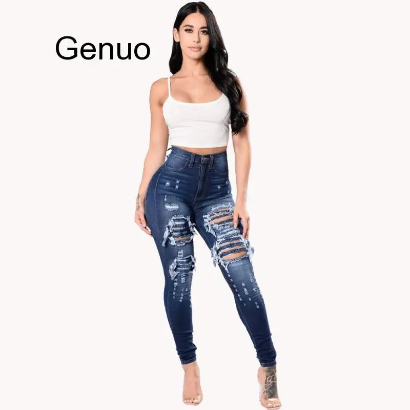 Womens Fashion High Waist Jeans Broken Hole Slim Body Stretch Bodycon Hollow Out Ripped Demin 3XL | Женская одежда