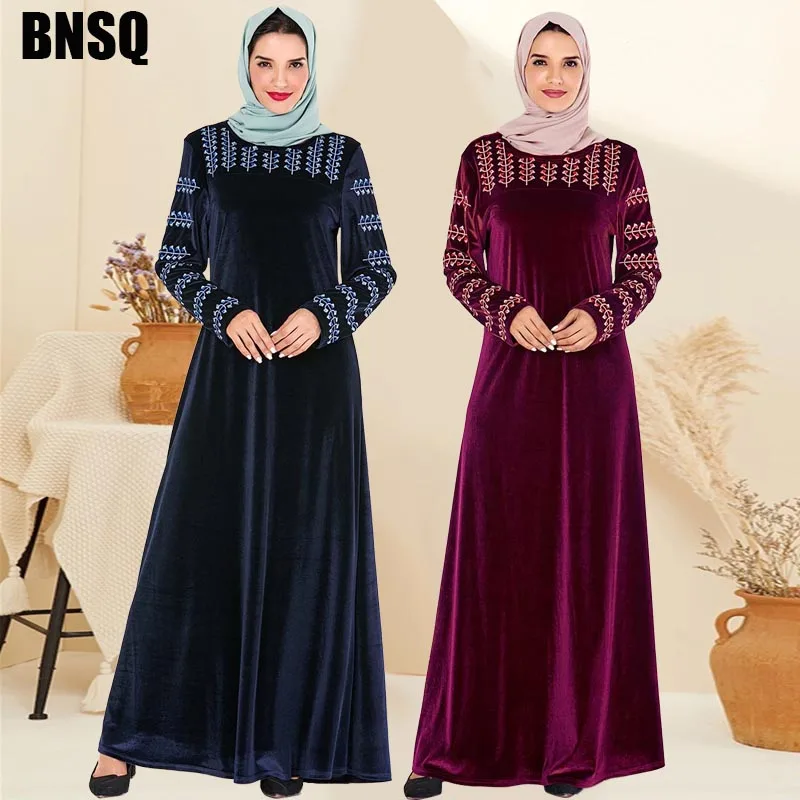 BNSQ Бургундия Толстое Зимнее бархатное платье с длинным Hijabs мусульманская одежда Дубай индонезийский Макси индийские платья Lehenga