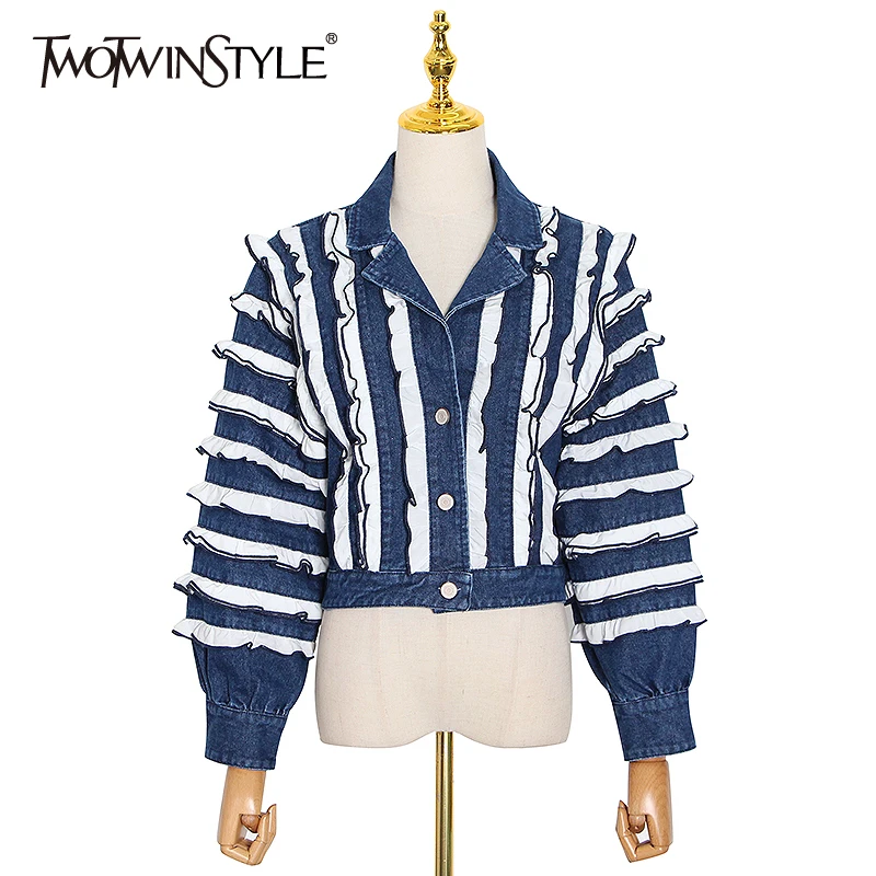 Женское джинсовое пальто TWOTWINSTYLE летнее черное лоскутное с оборками и