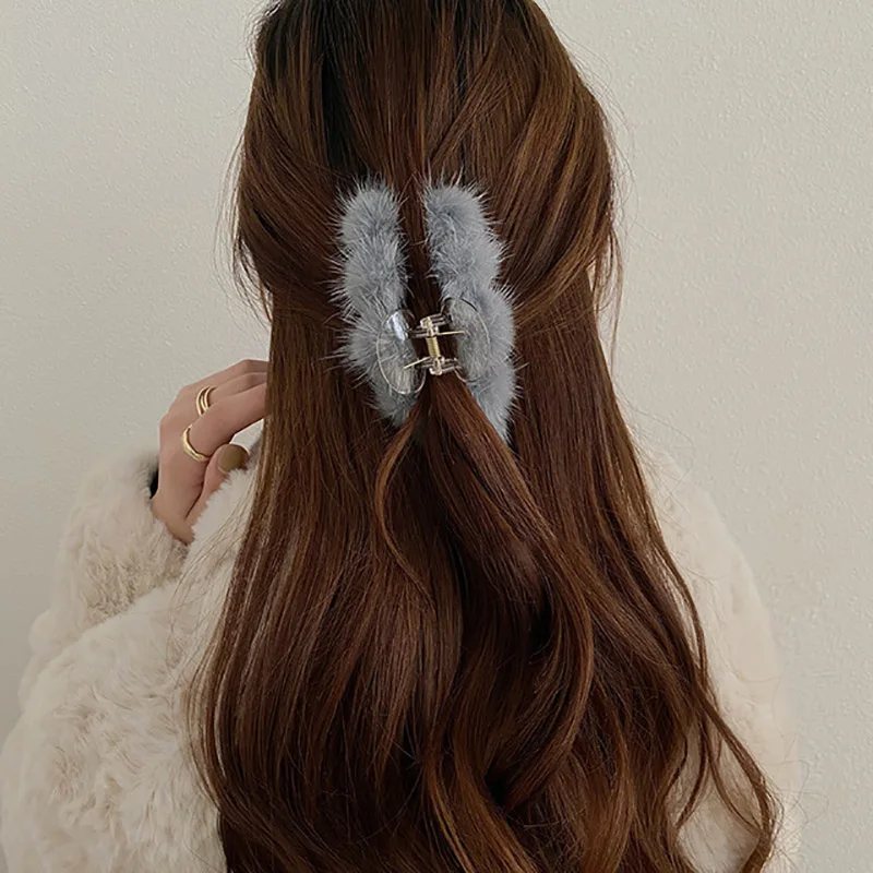 

Winter Mink Fur Plush Hair Claws Women Girls Elegant Korean Geometric Plastic Hairpins Barrettes Hair Accessories Headwear