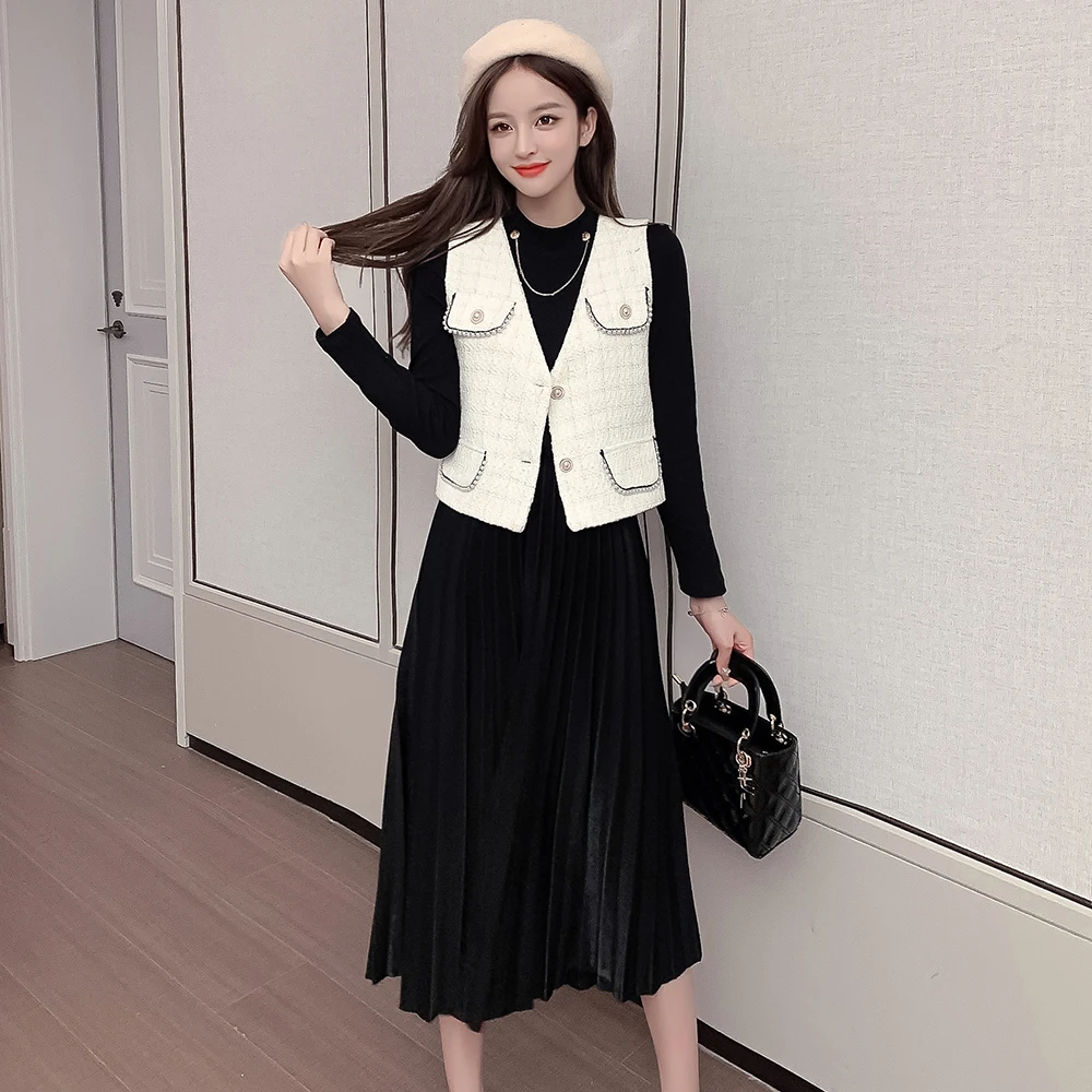 

Slim Elegant Woolen Make Suit Black O-neck Long Sleeve Mid-length Dress 2021 Autumn Winter Bodycon Formal Party Dress
