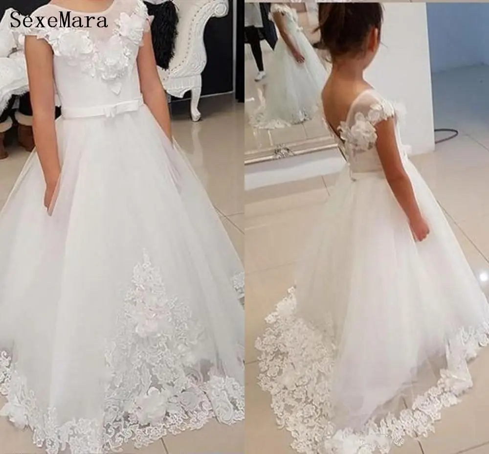 

3D Flower White Flower Girl Dresses For Weddings Jewel Backless Cap Sleeve Appliques Girls Pageant Dress First Communion Gowns