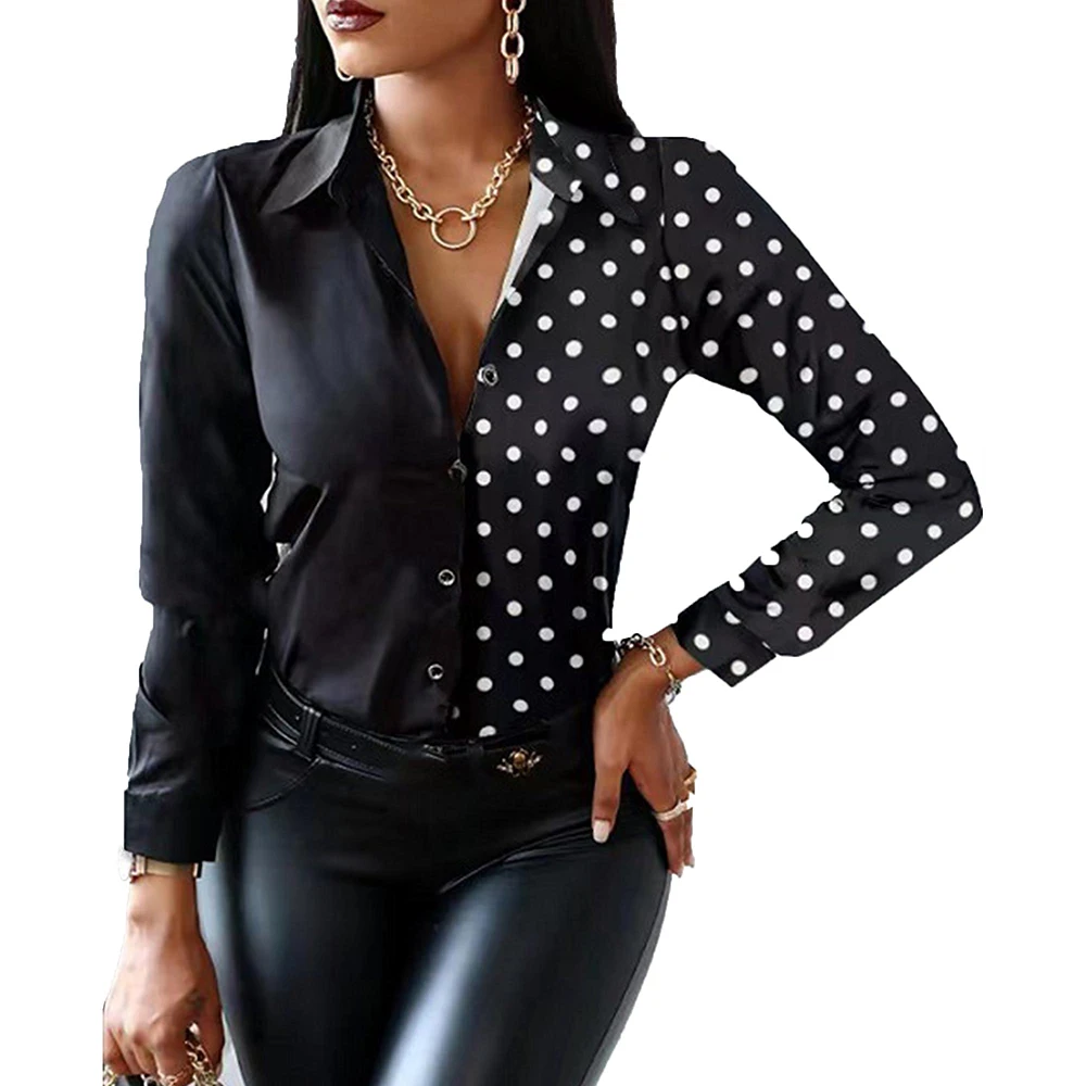 

Elegant Women Long Sleeve Turn-down Collar T Shirt Button Casual Patchwork Print Tees Office Lady Work Shirts Ladies Commuter