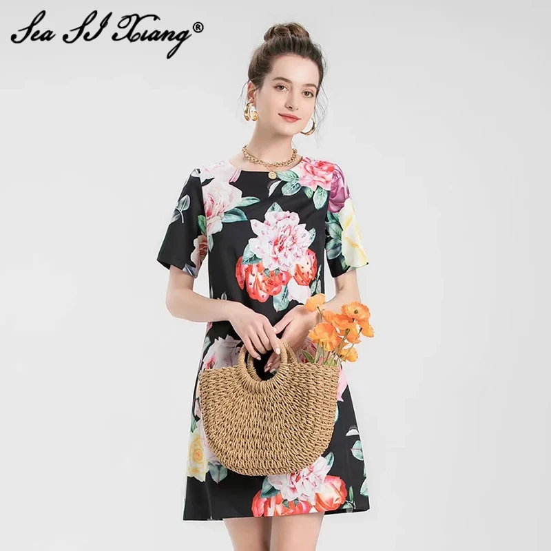 

Женское мини-платье с круглым вырезом, коротким рукавом и цветочным принтом