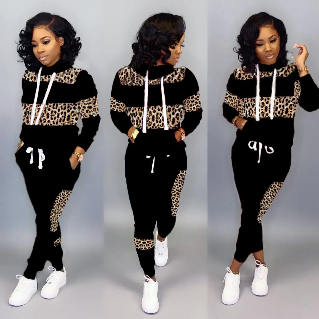 

New European And American Women's Clothing Leopard Splicing Turtleneck Sports Long Shirt Two-Piece Set jumpsuit women