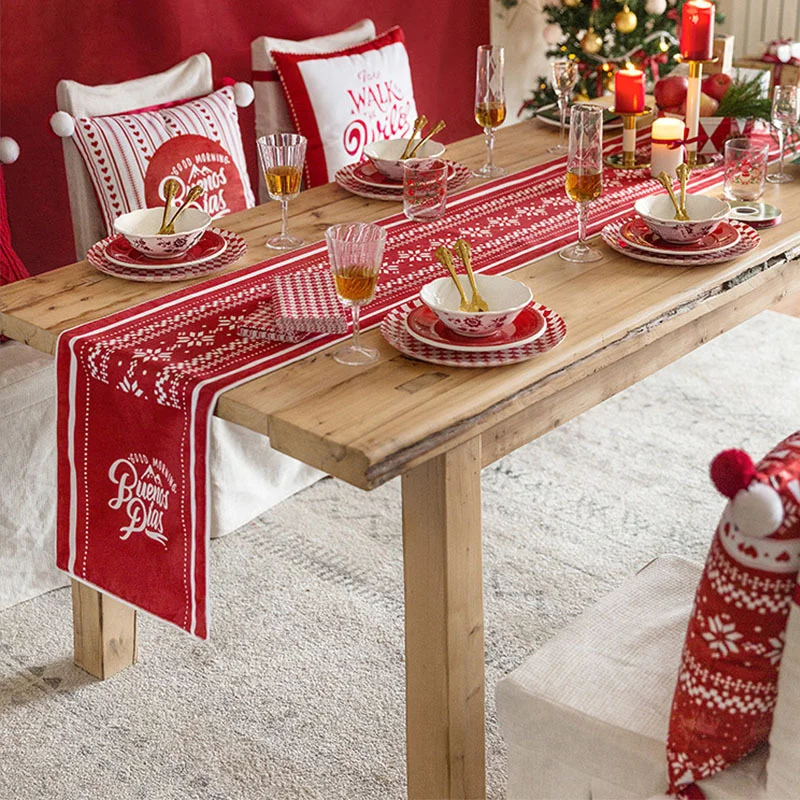 Camino de mesa navide&ntilde;o, cubierta de mesa blanca y roja de copos de nieve para restaurante, Hotel, camino de mesa navide&ntilde;o, decoraci&oacute;n del hogar-1