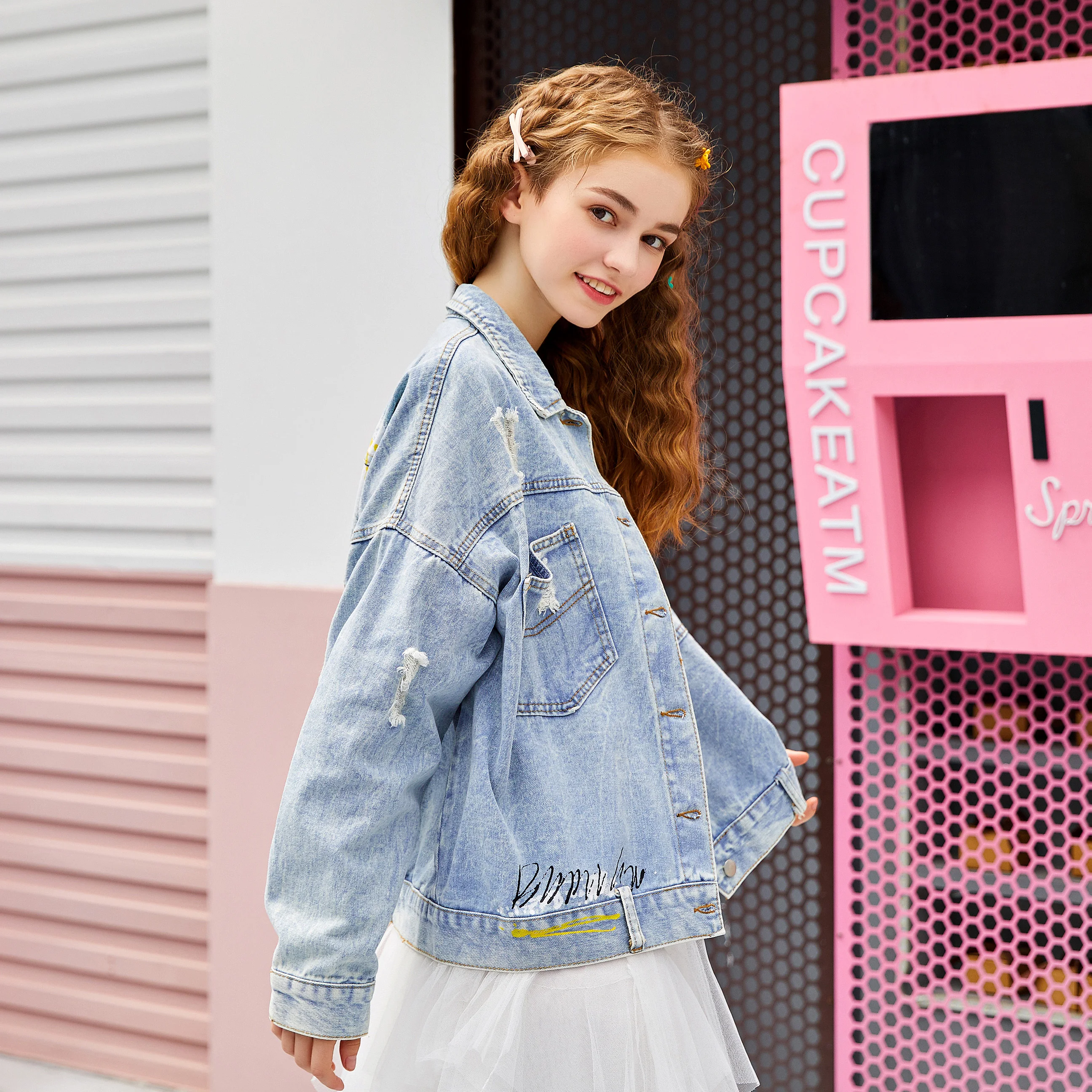 Новая Осенняя Джинсовая Куртка Harajuku с принтом потертая Свободная Повседневная