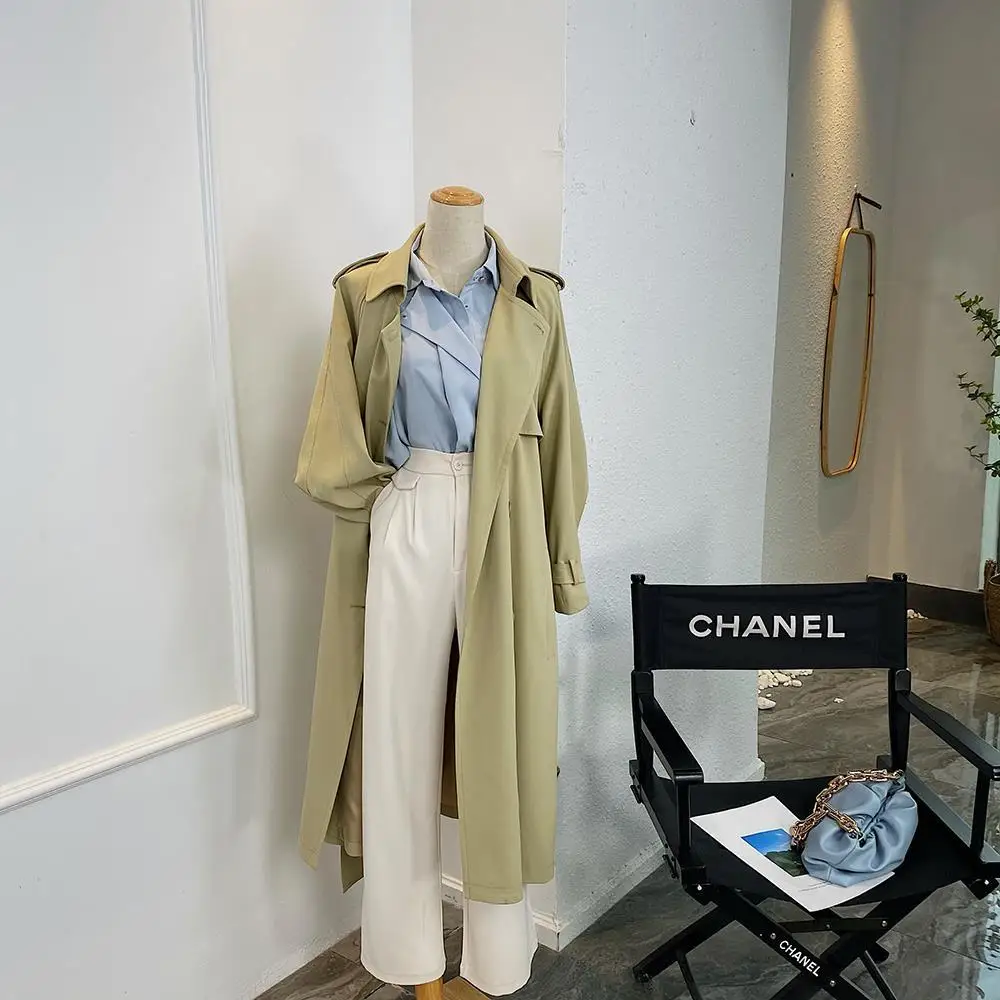 

Top women casual solid color double breasted outwear fashion sashes office coat chic epaulet design long trench