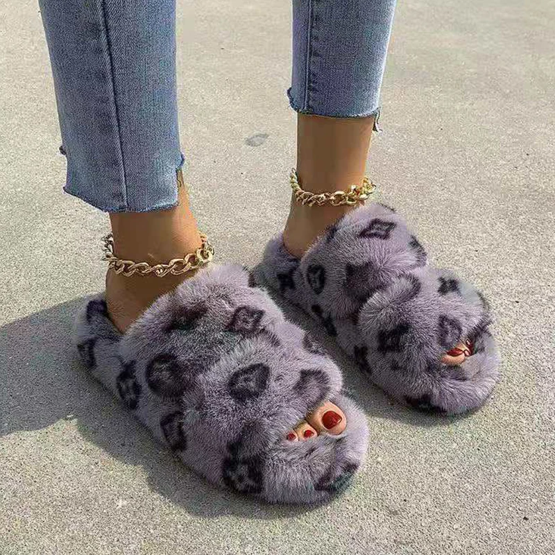 

Winter Indoor Fur Slippers House Full Furry Soft Fluffy Plush Platform Flats Heel Non Slip Luxury Designer Shoes Casual Ladies