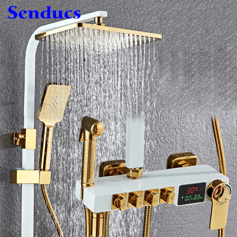 

Senducs White Gold Bathroom Digital Shower Set Newly Rotary Knob Thermostatic Shower System Rainfall Digital Bath Shower Set