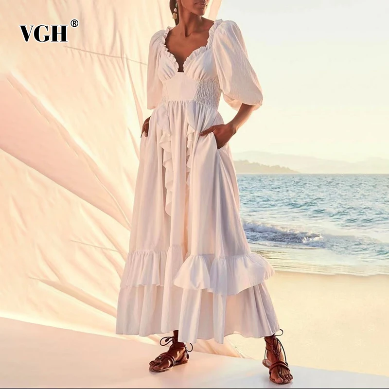 

VGH Casual Plain Dress For Women V Neck Loose Long Sleeve Patchwork Ruffle Trim Mid A Line Dresses Female 2021 Autumn Clothing