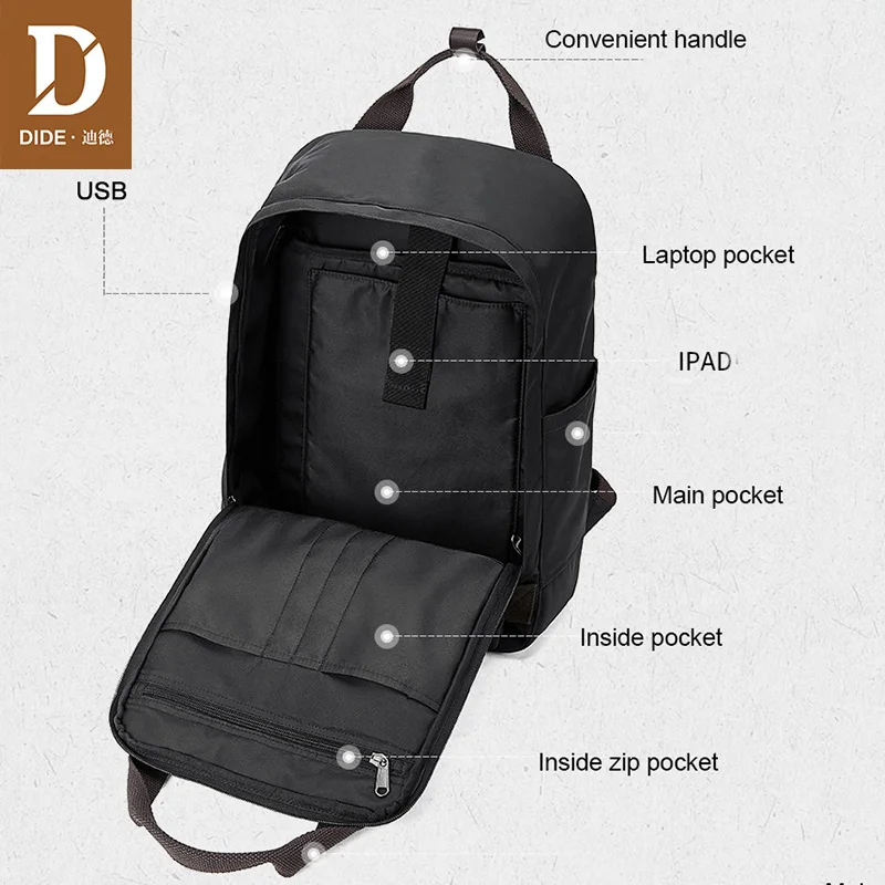 Рюкзак DIDE мужской из экокожи Модный повседневный черный ранец с USB зарядкой сумка