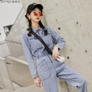 Комбинезон женский джинсовый с длинным рукавом, модная уличная одежда с эластичной завышенной талией, облегающий Ромпер на молнии, джинсовый комбинезон с большими карманами