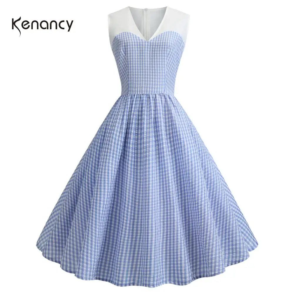 Kenancy Blue Plaid Print 60s Women Retro Dress V Neck Sleeveless Summer Vintage Audrey Hepburn Rockabilly Vestidos Tunics | Женская